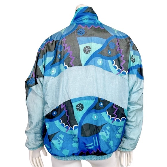 VINTAGE 90’s EuroJoy Blue Postmodern Abstract Print Windbreaker Bomber Jaclet - Picture 3 of 6
